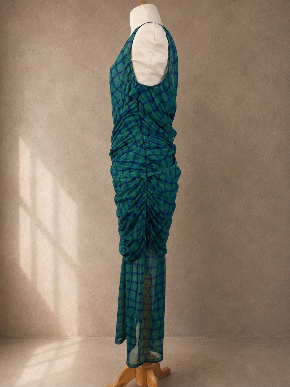 Simon Miller Sz L Kinny Ruched Plaid Mesh Midi Dress Anthropologie Green Blue - Picture 3 of 12